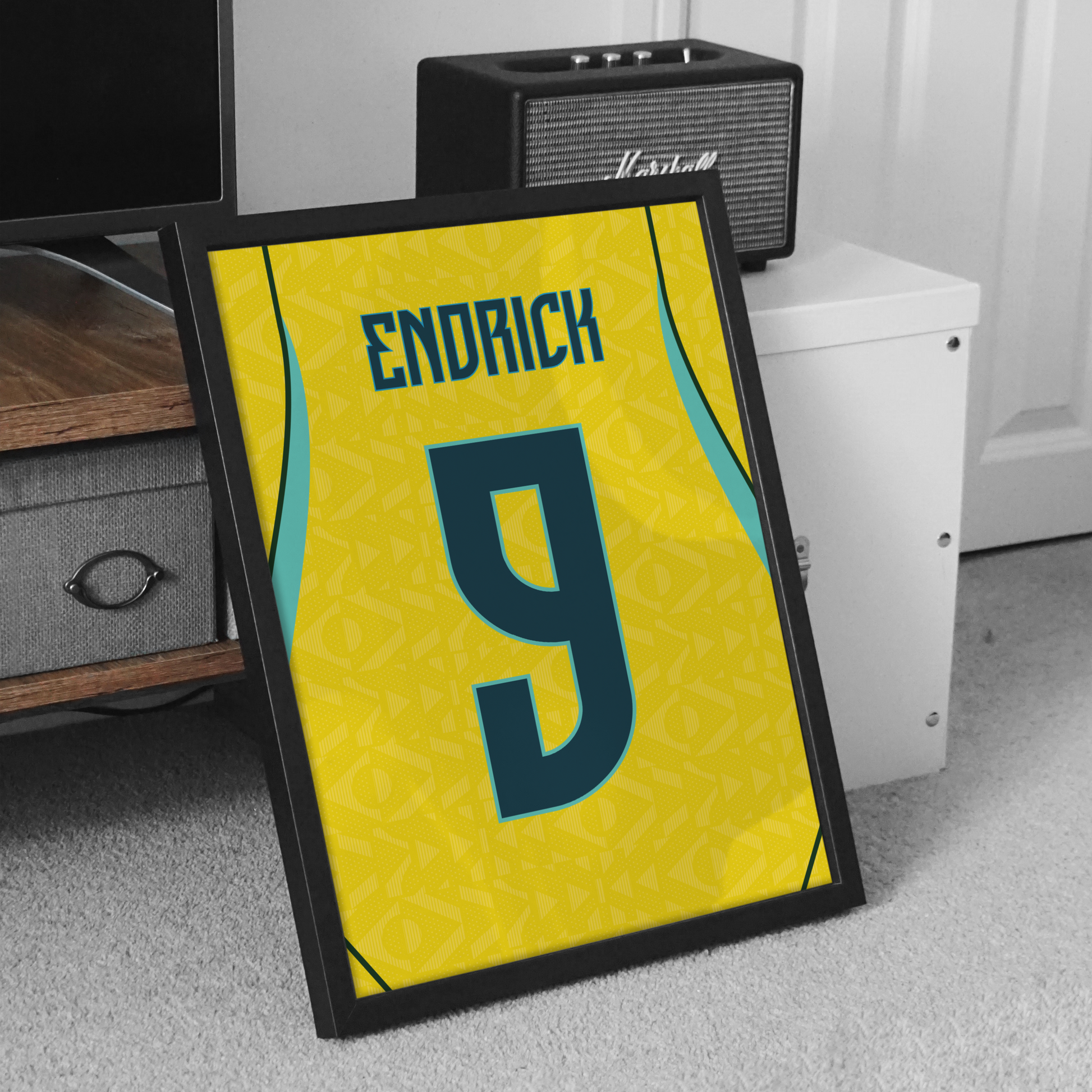 Cadre maillot Brésil domicile 2026 Endrick numéro 9, affiche personnalisée football dans un cadre noir.