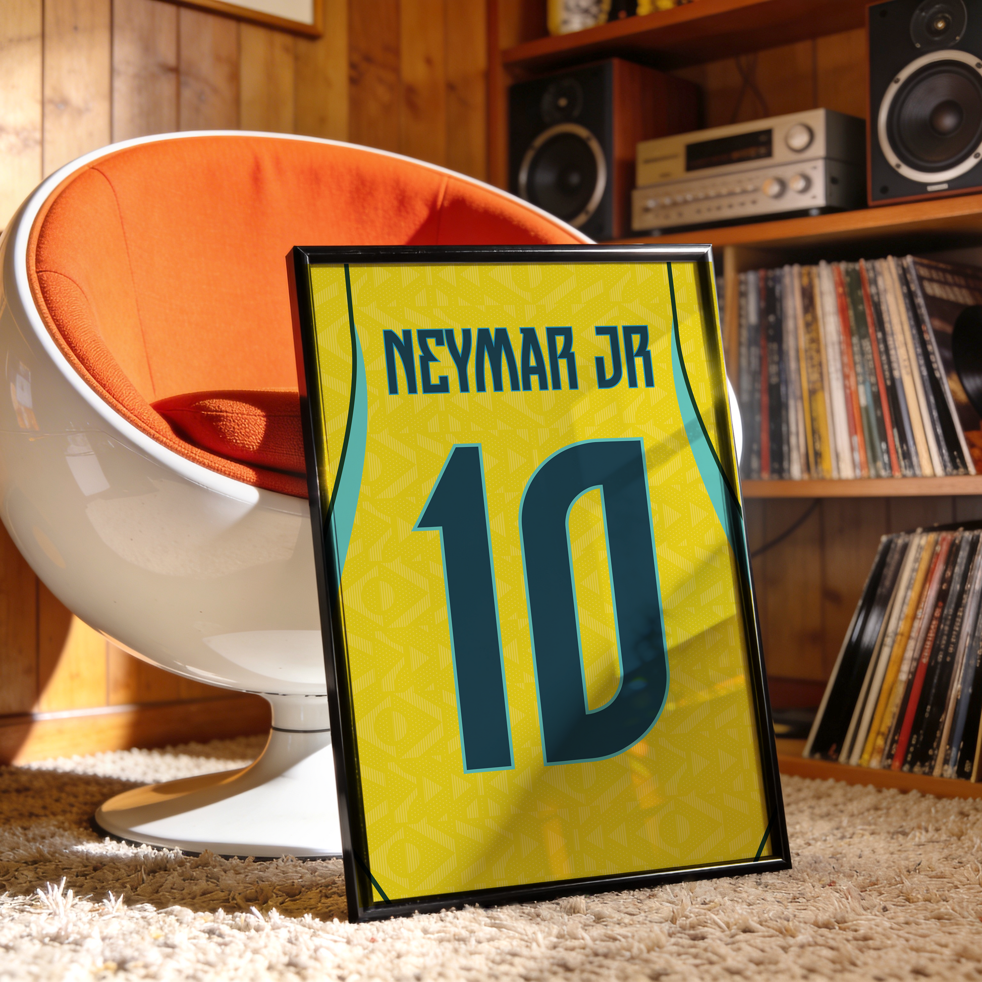 Cadre maillot Brésil domicile 2026 Neymar Jr numéro 10 posé dans un intérieur vintage, affiche football personnalisée.