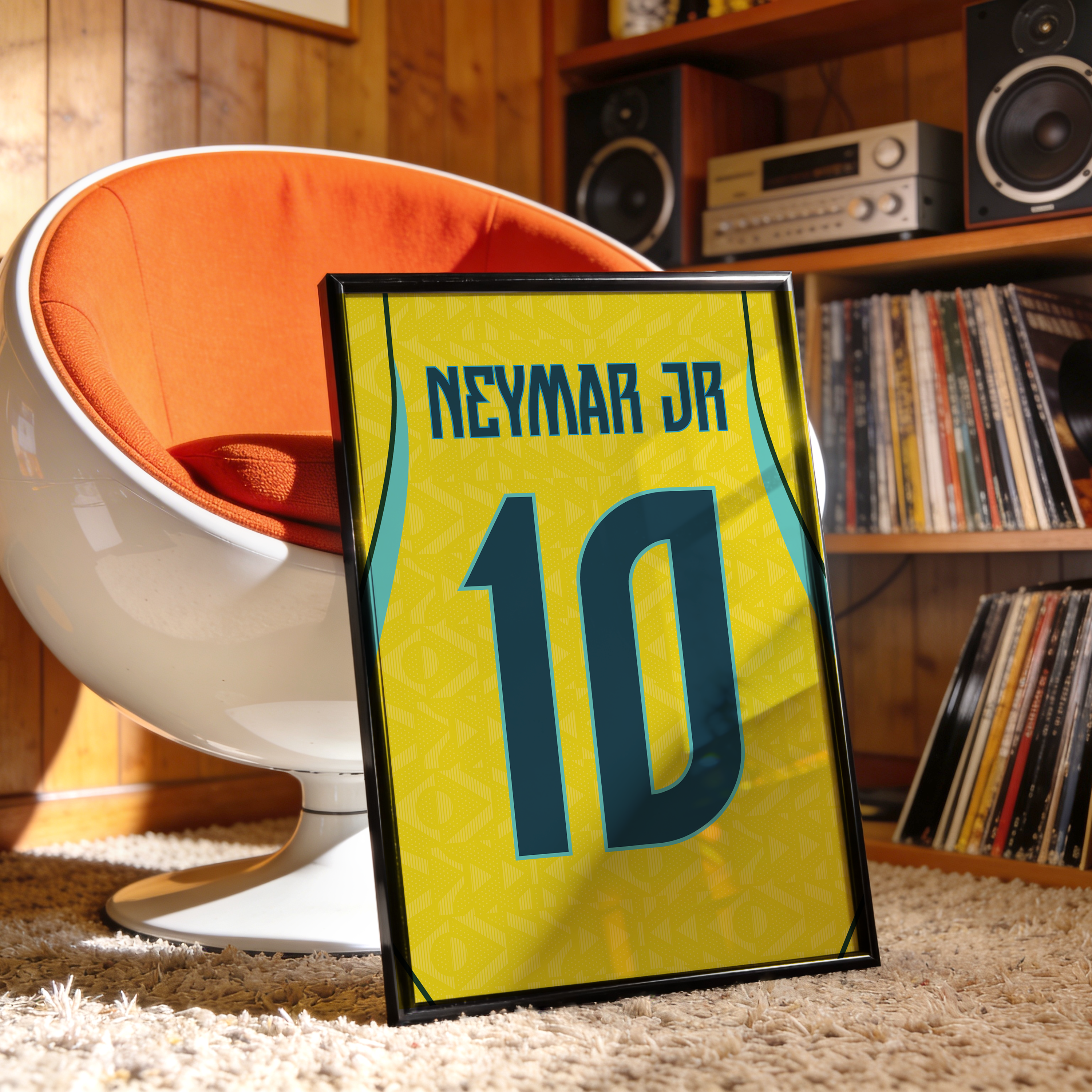 Cadre maillot Brésil domicile 2026 Neymar Jr numéro 10 posé dans un intérieur vintage, affiche football personnalisée.