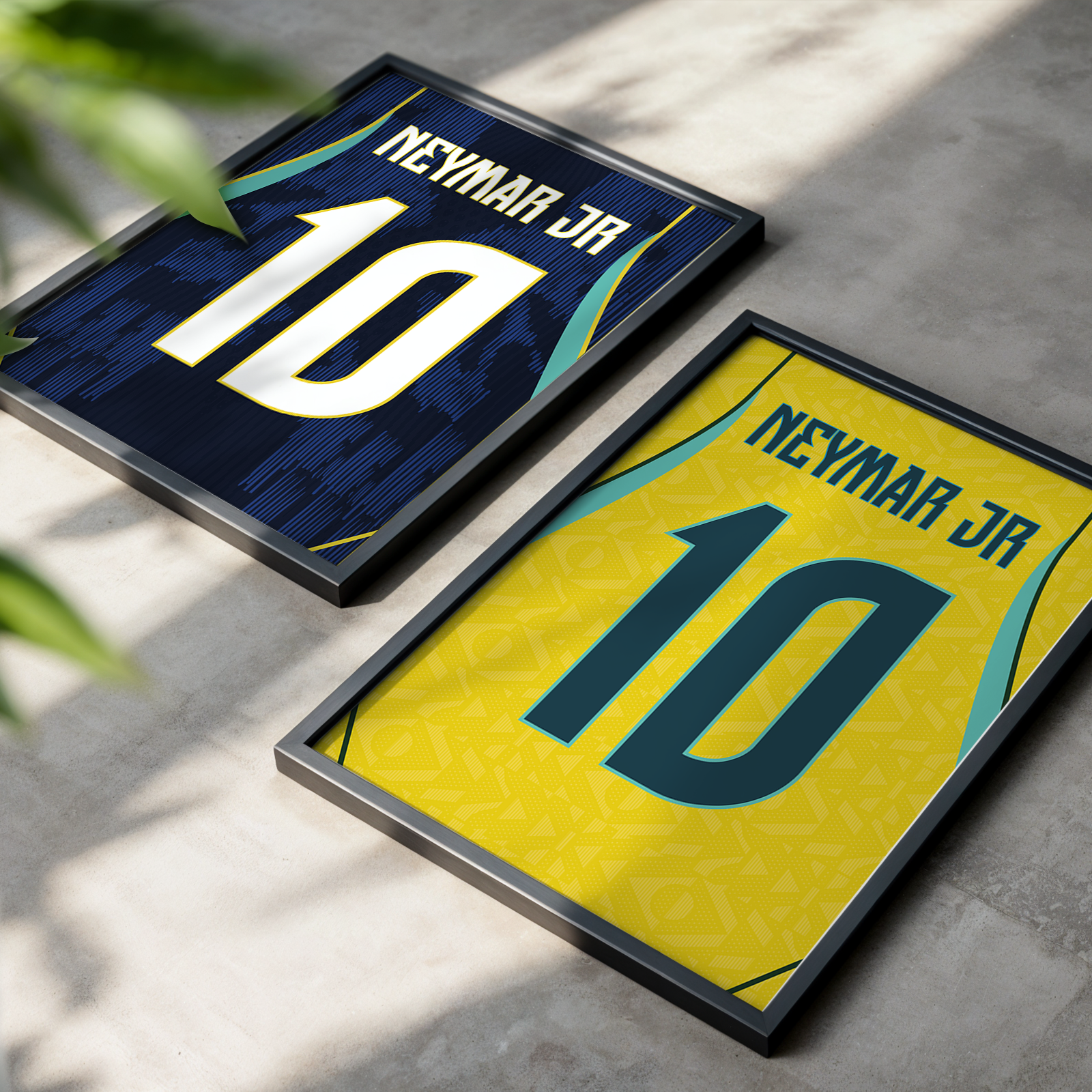 Cadres maillot Brésil domicile et extérieur Coupe du Monde 2026 Neymar Jr numéro 10, décoration football personnalisée.