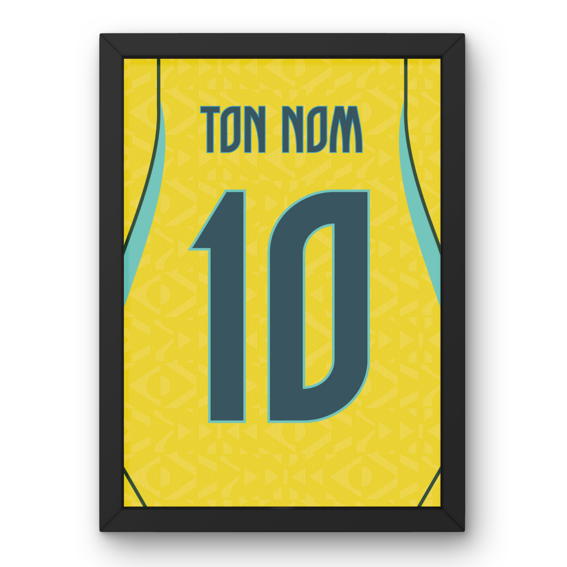 Cadre maillot Brésil domicile Coupe du Monde 2026 personnalisé avec nom et numéro, design jaune inspiré du football brésilien.
