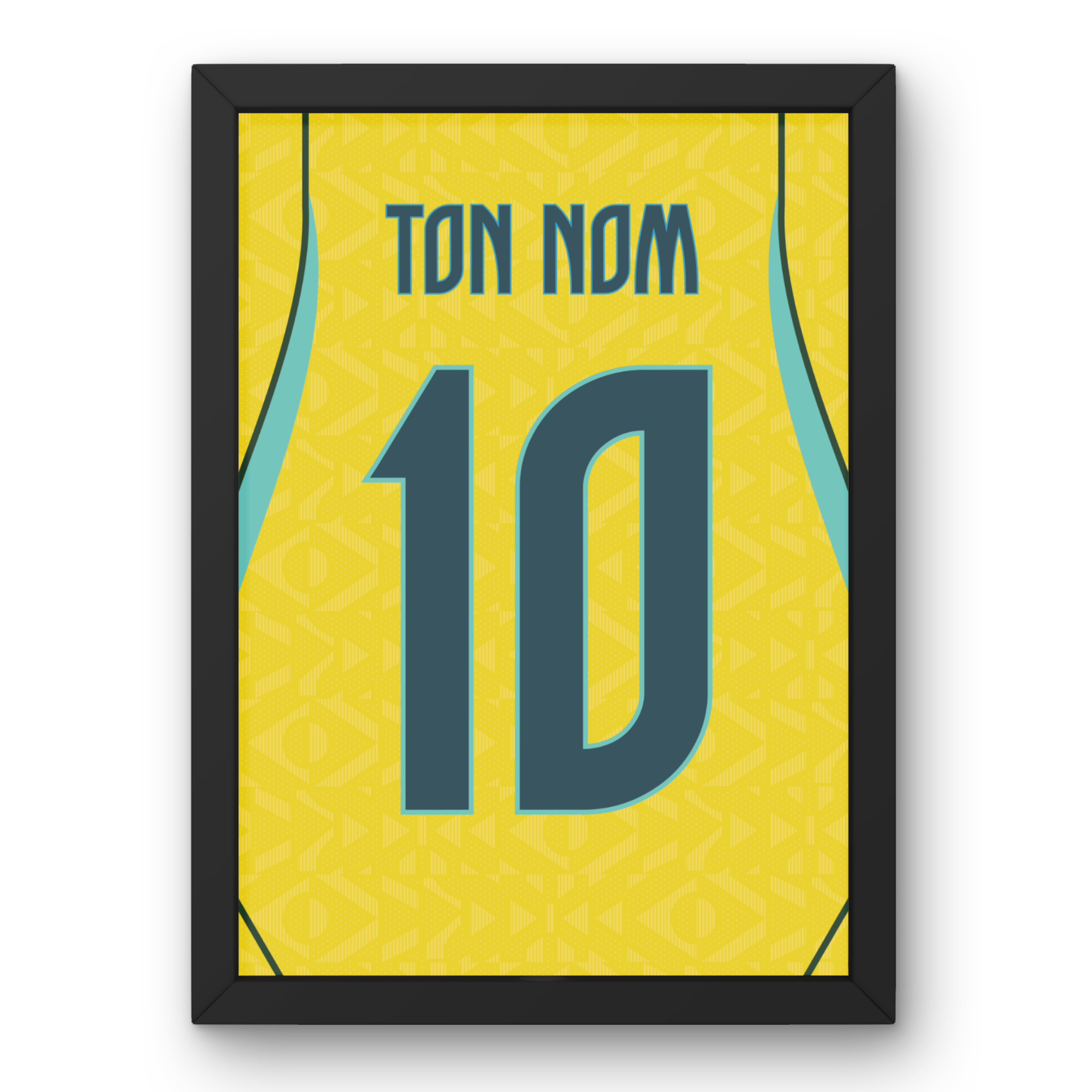 Cadre maillot Brésil domicile Coupe du Monde 2026 personnalisé avec nom et numéro, design jaune inspiré du football brésilien.