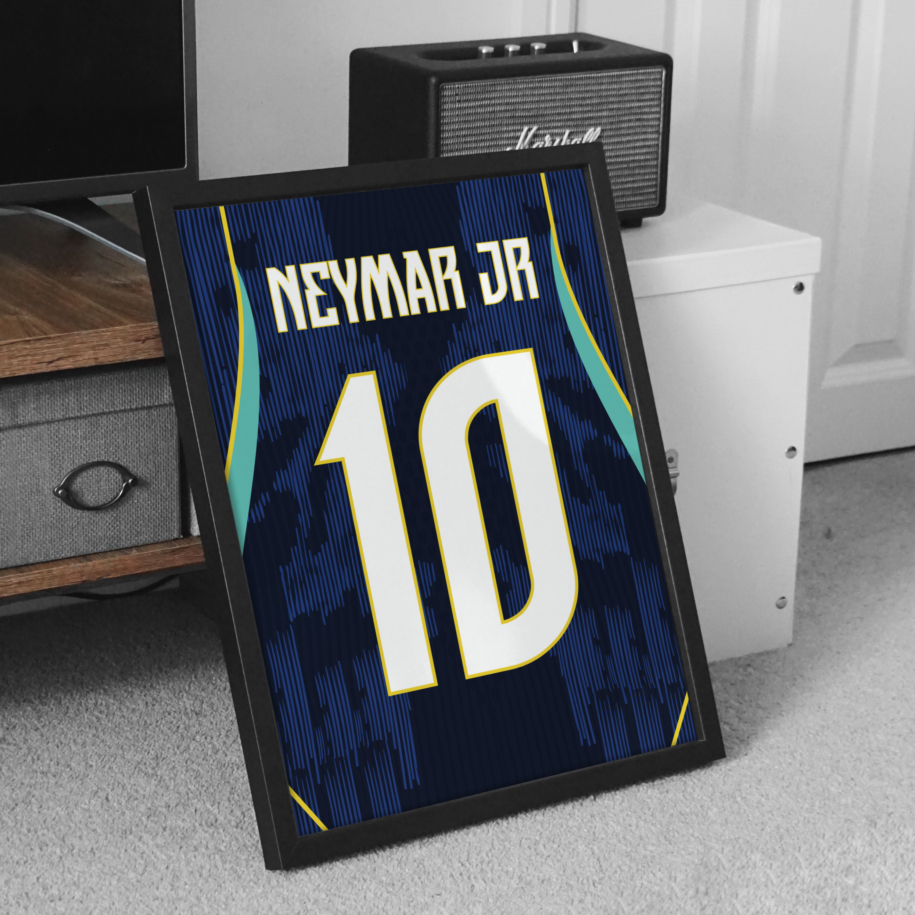 Cadre maillot Brésil extérieur 2026 Neymar Jr numéro 10, affiche personnalisée football dans un cadre noir.