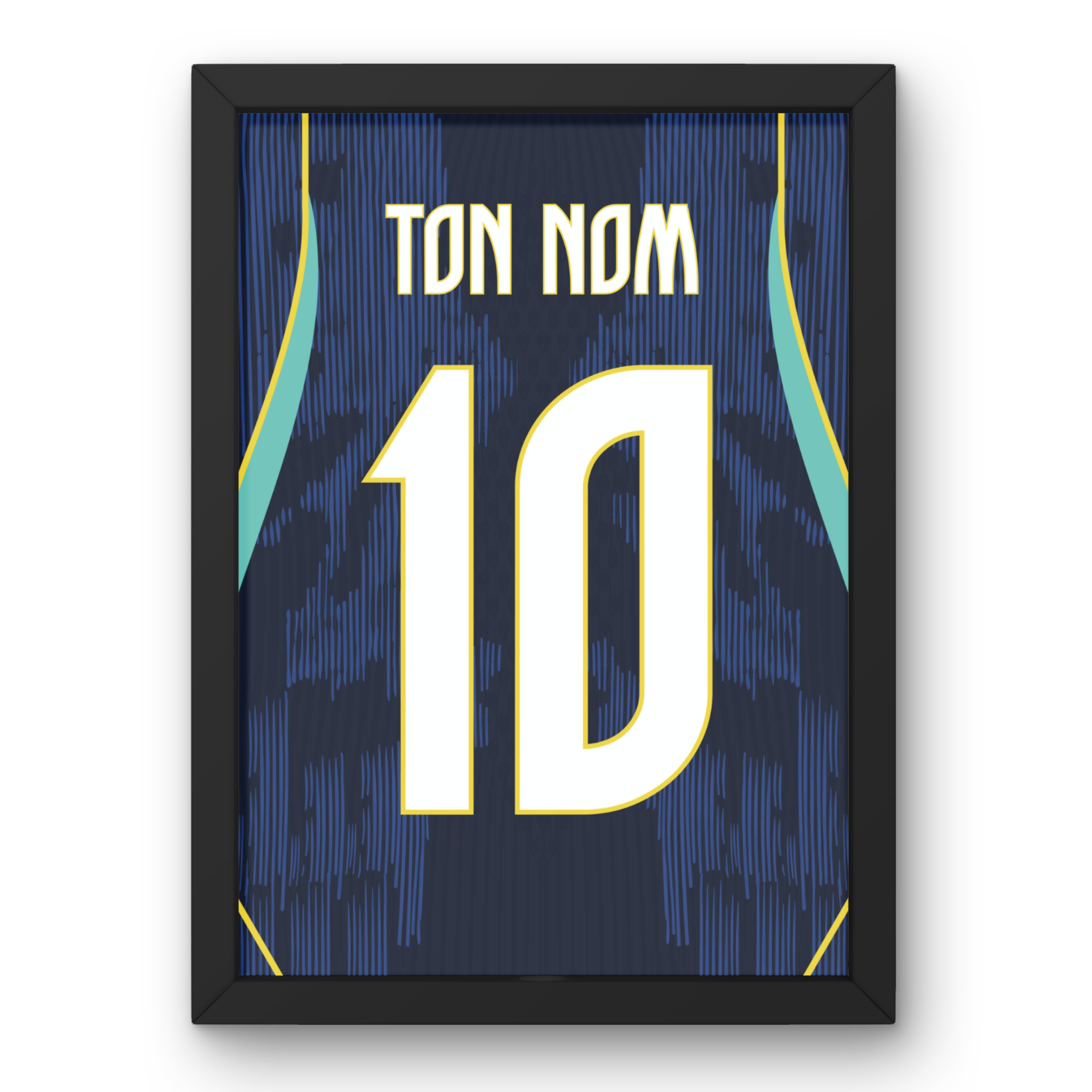 Cadre maillot Brésil extérieur Coupe du Monde 2026 personnalisé avec nom et numéro, design bleu inspiré du football brésilien.