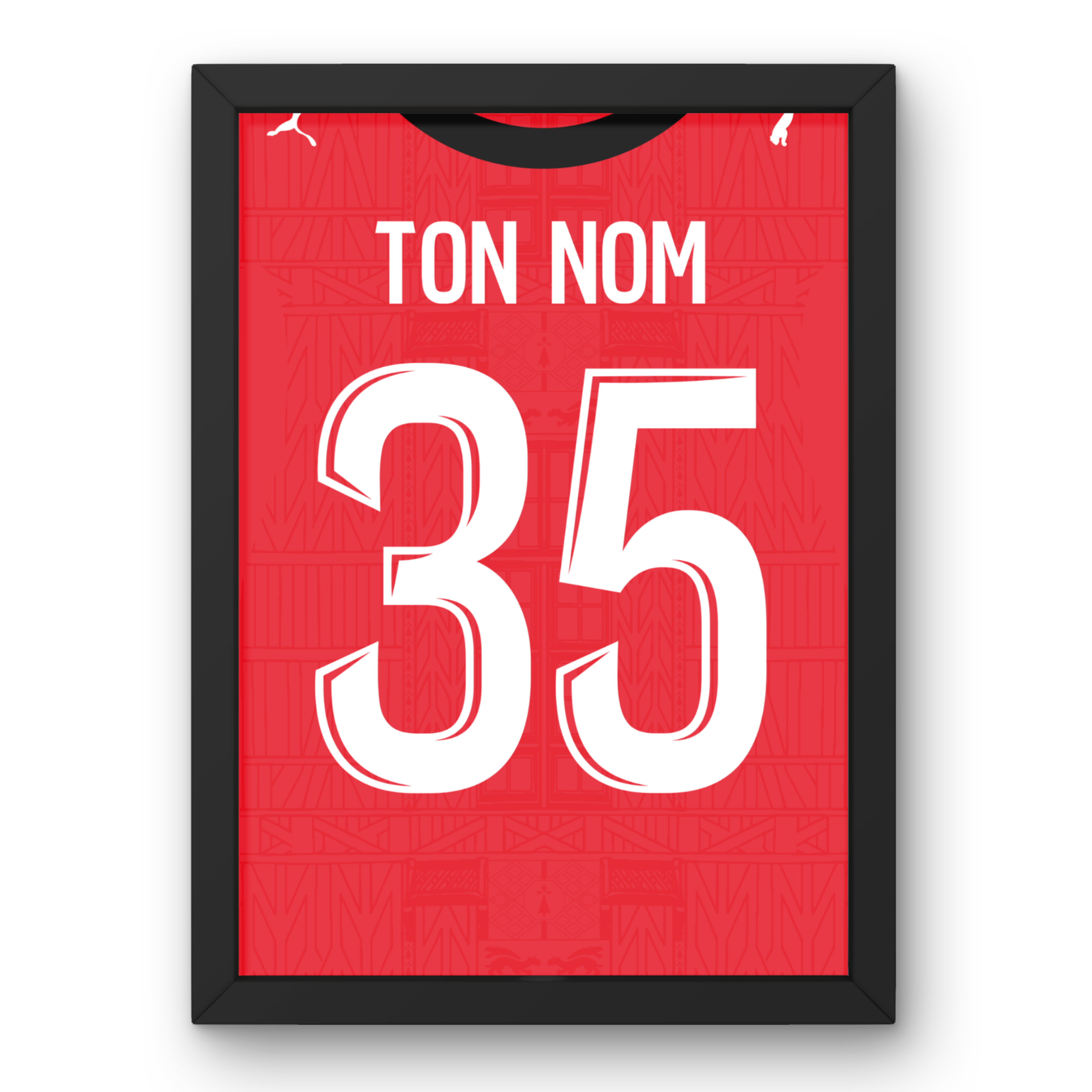 Affiche personnalisée Stade Rennais domicile 2026-2027 avec prénom et numéro au choix, cadre noir format A4 ou A3