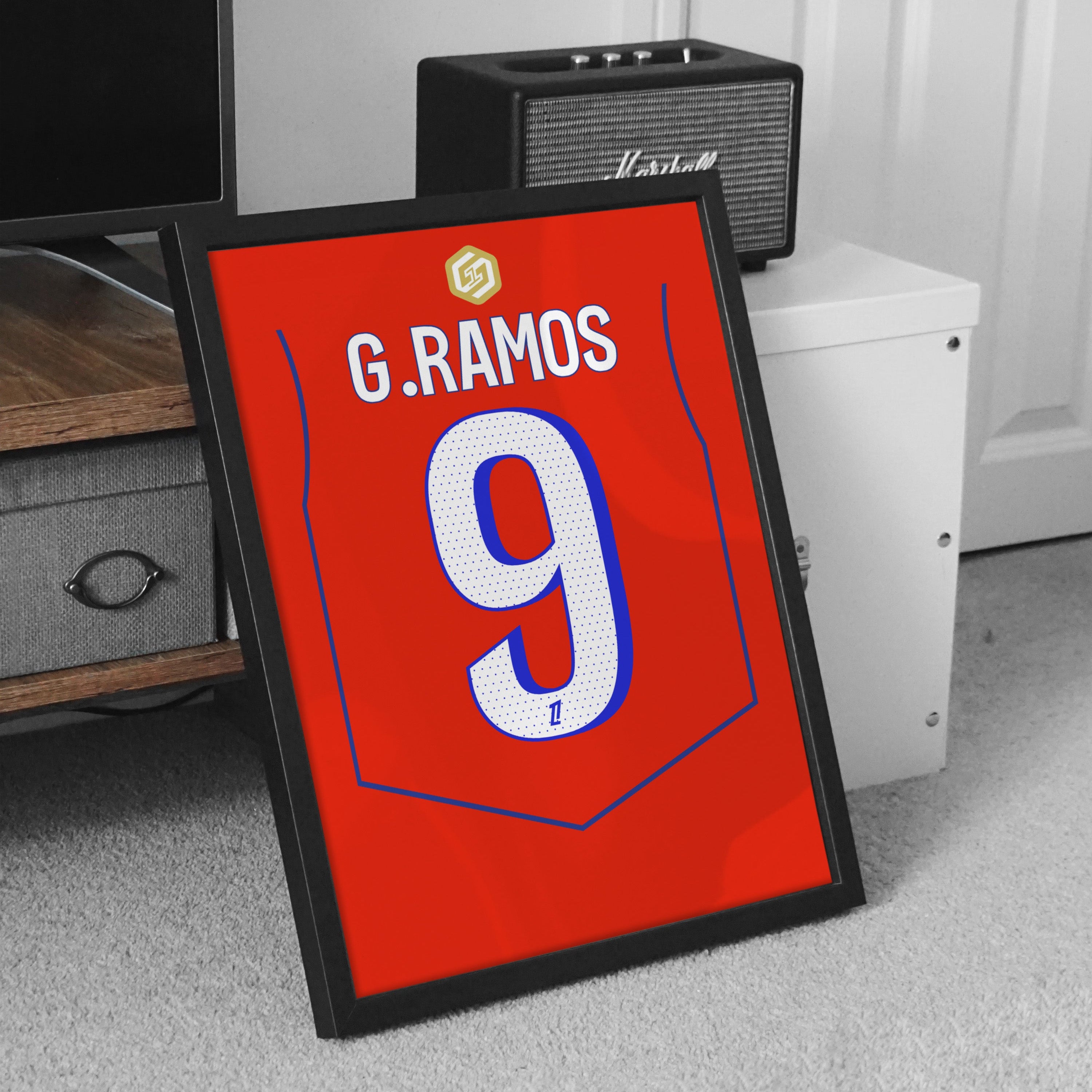 Affiche PSG Third 25-26 G. Ramos 9 badge buteur meuble TV