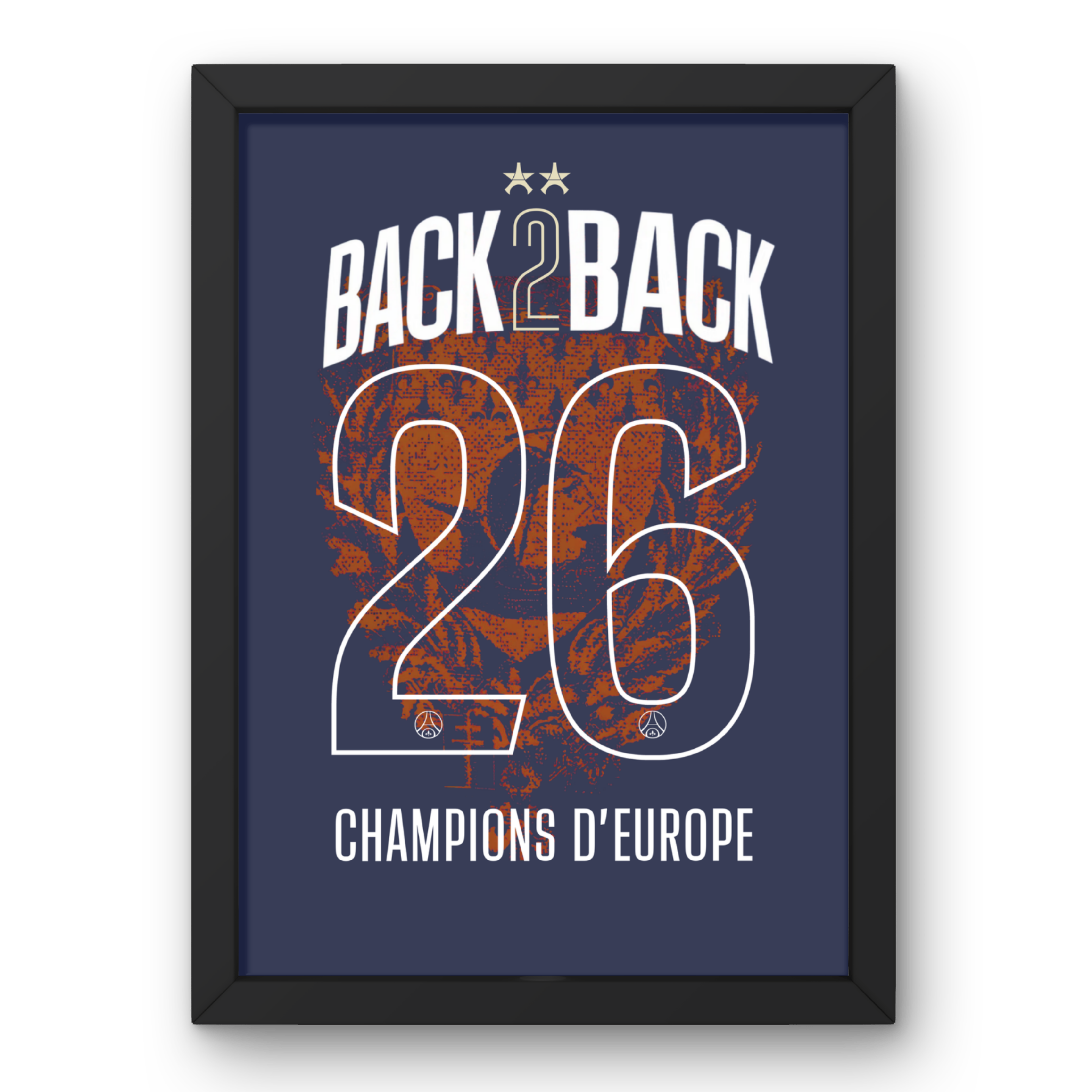 Affiche encadrée Maillot PSG Back 2 Back 2026 avec deux étoiles et mention Champions d’Europe