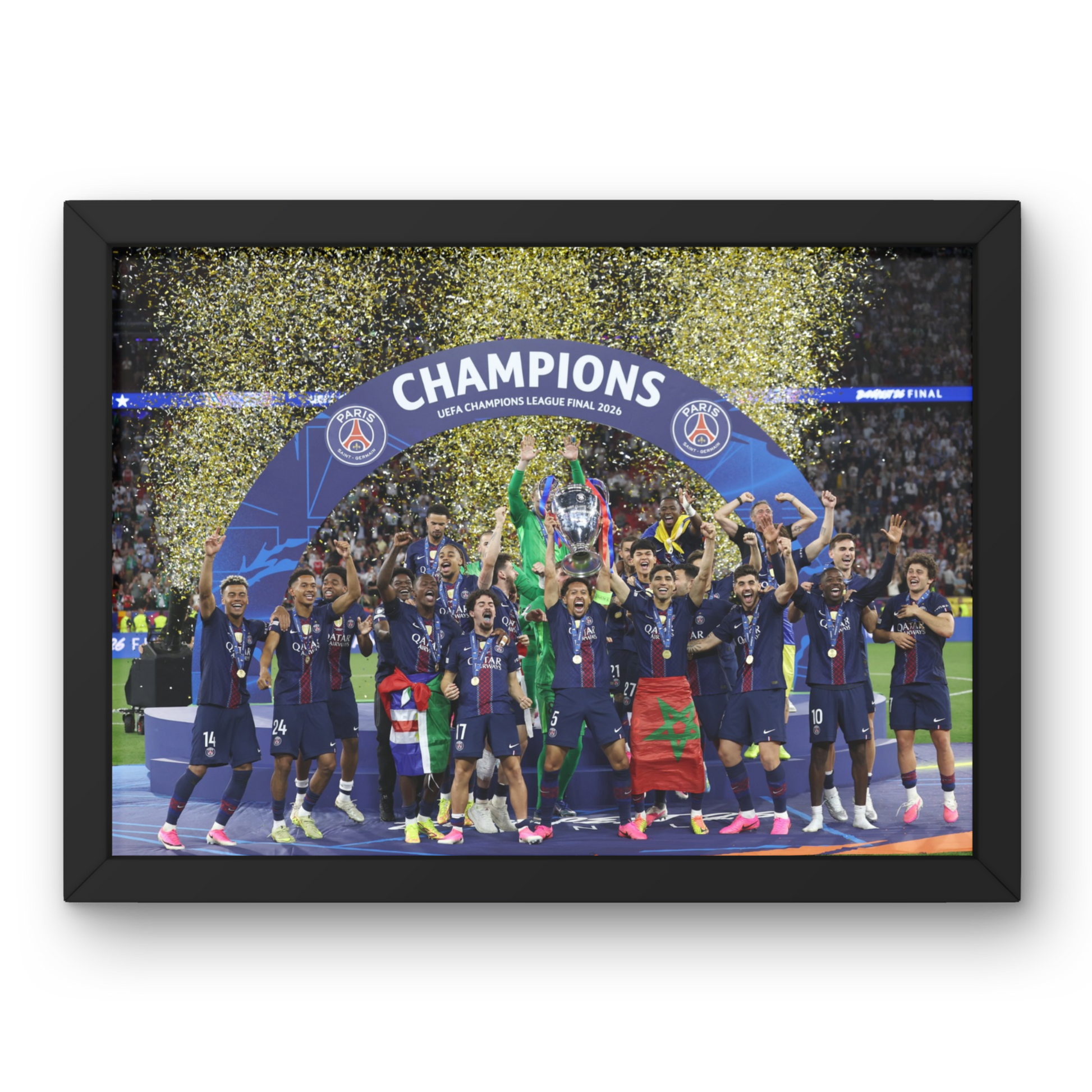 Affiche PSG Ligue des Champions 2026 encadrée, mockup cadre noir