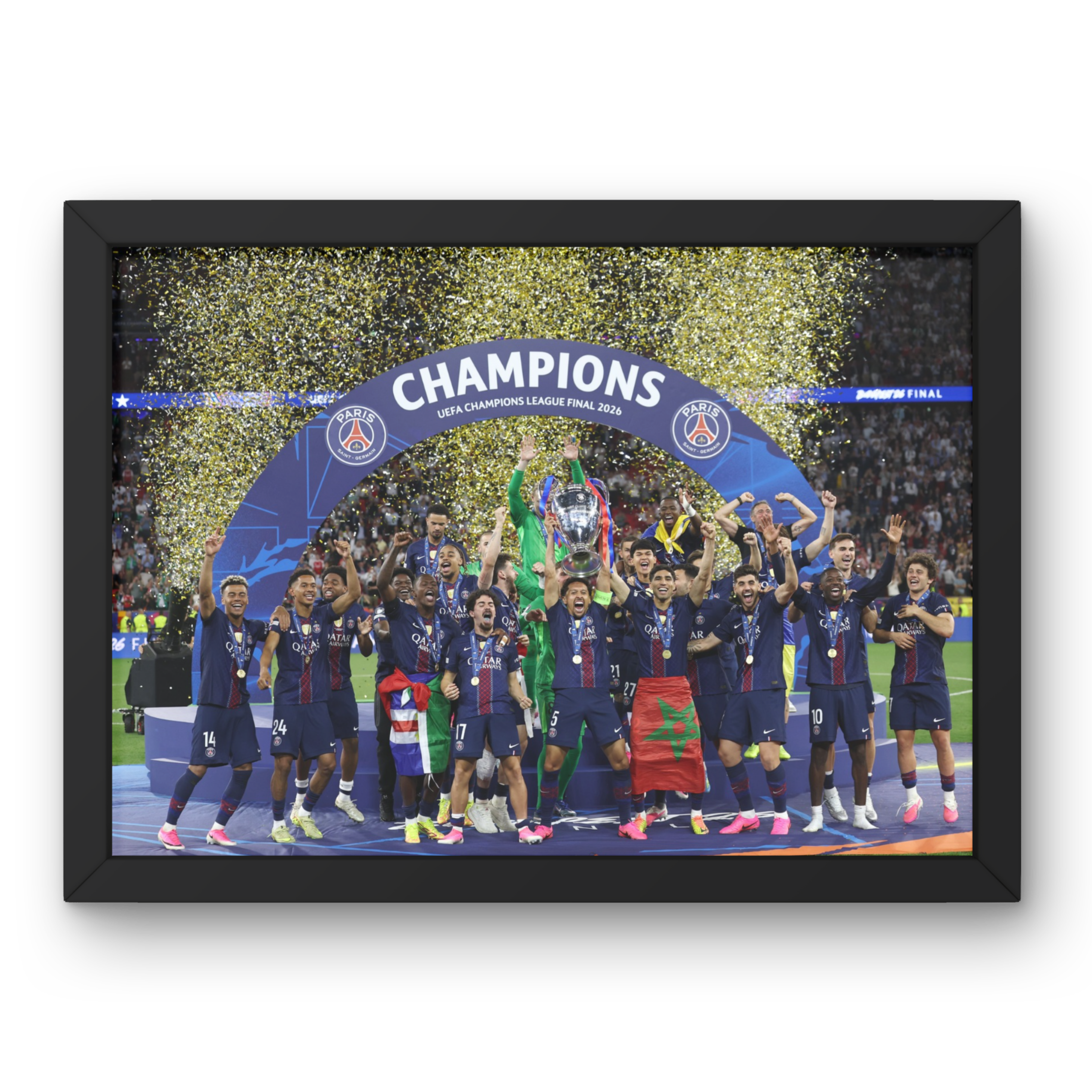 Affiche PSG Ligue des Champions 2026 encadrée, mockup cadre noir