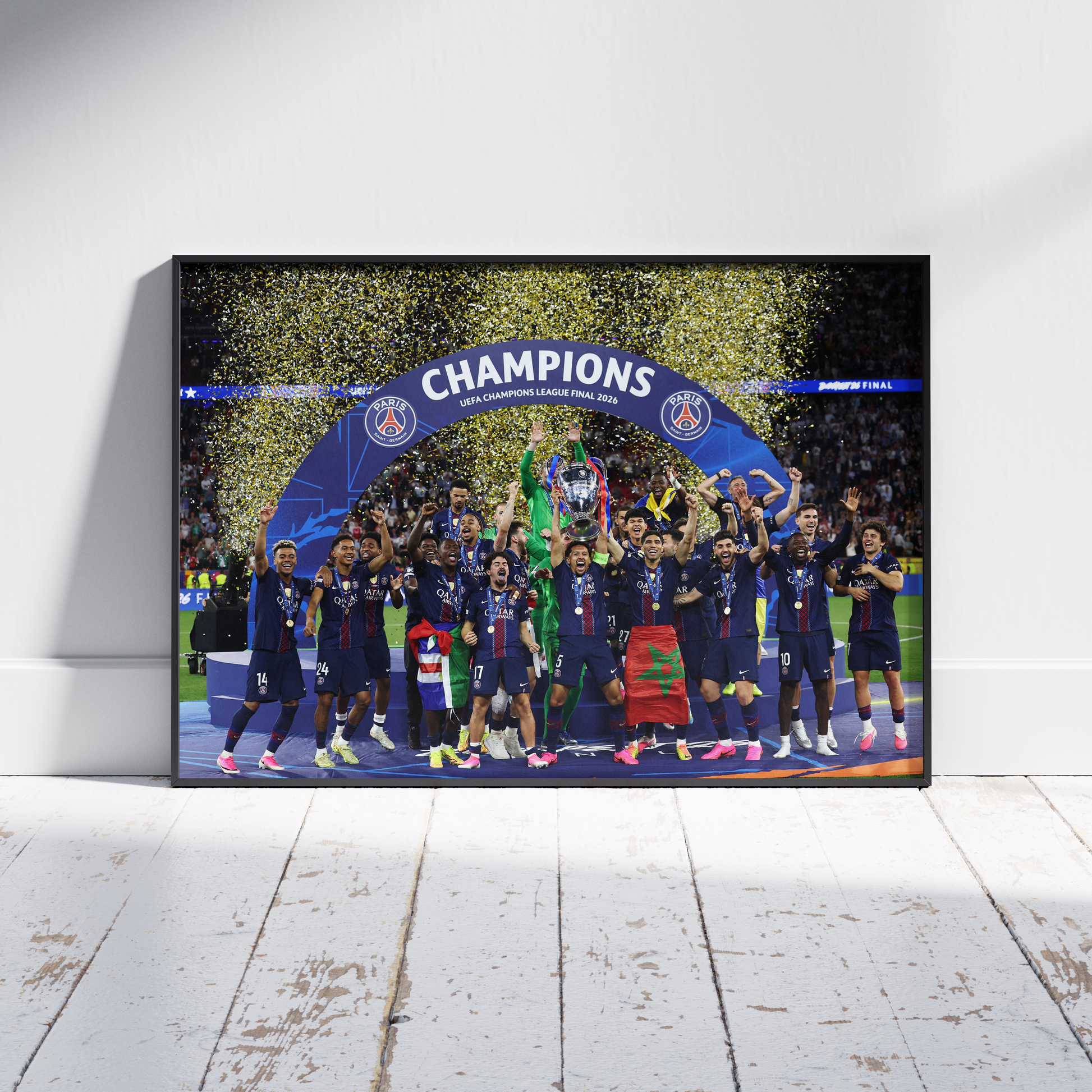 Poster PSG champion d’Europe 2026 avec cadre noir, mockup déco