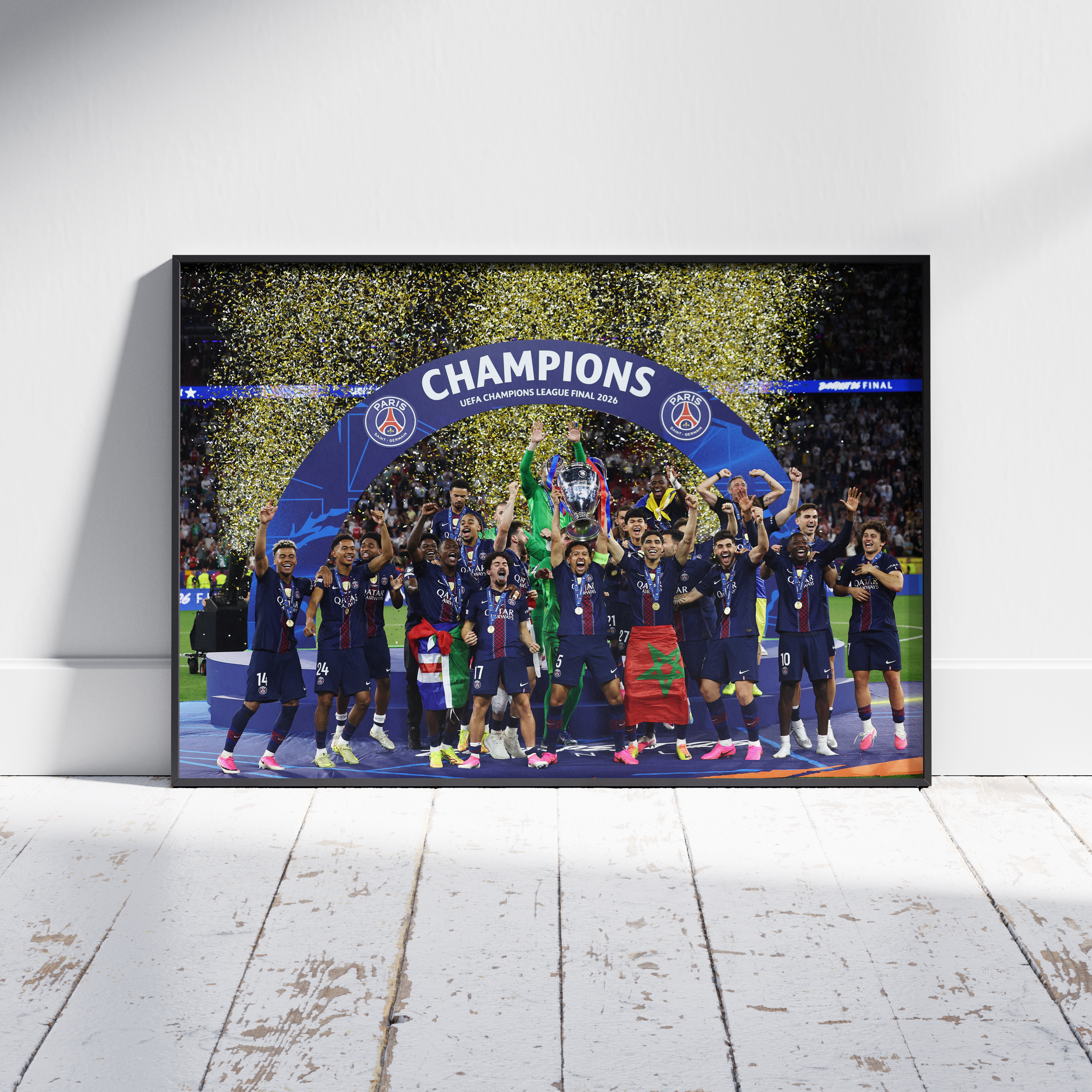 Poster PSG champion d’Europe 2026 avec cadre noir, mockup déco